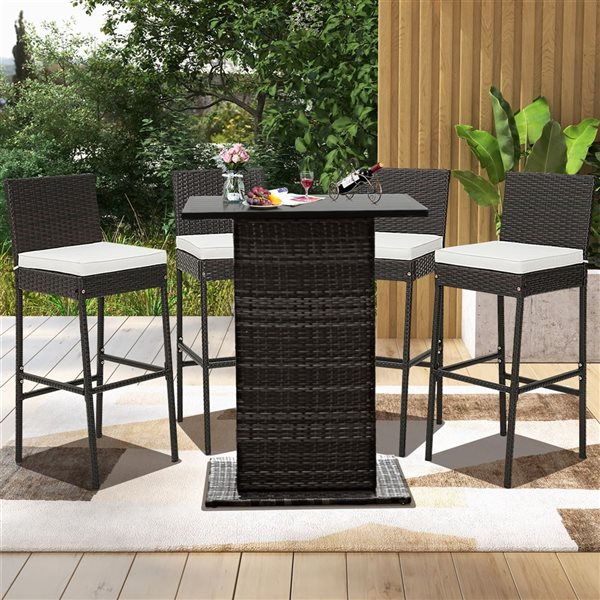 Costway 4-Piece Mix Brown Patio Wicker Barstools with Off-White Cushions