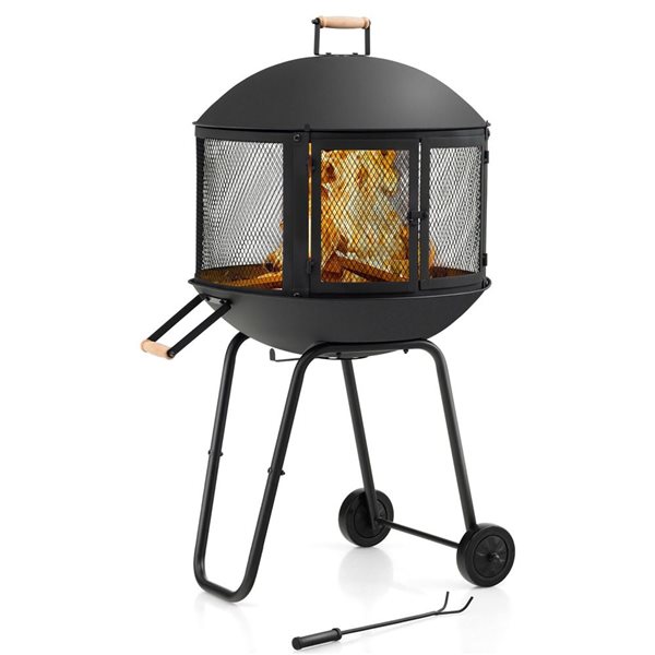 Costway 28-in Patio Rolling Round Black Steel Wood Burning Fire Pit