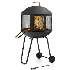 Costway 28-in Patio Rolling Round Black Steel Wood Burning Fire Pit