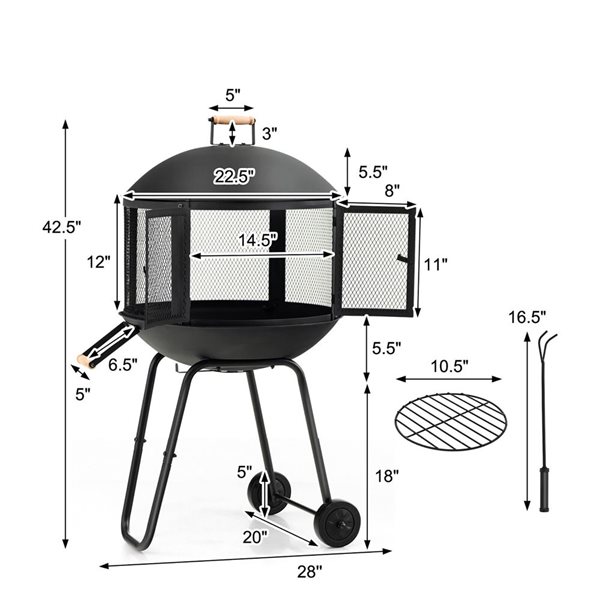 Costway 28-in Patio Rolling Round Black Steel Wood Burning Fire Pit