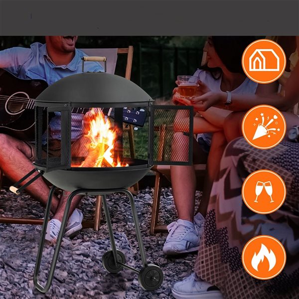 Costway 28-in Patio Rolling Round Black Steel Wood Burning Fire Pit