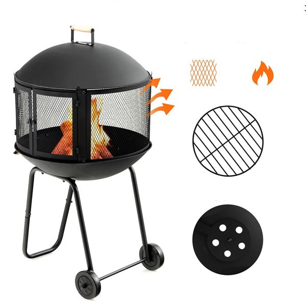 Costway 28-in Patio Rolling Round Black Steel Wood Burning Fire Pit