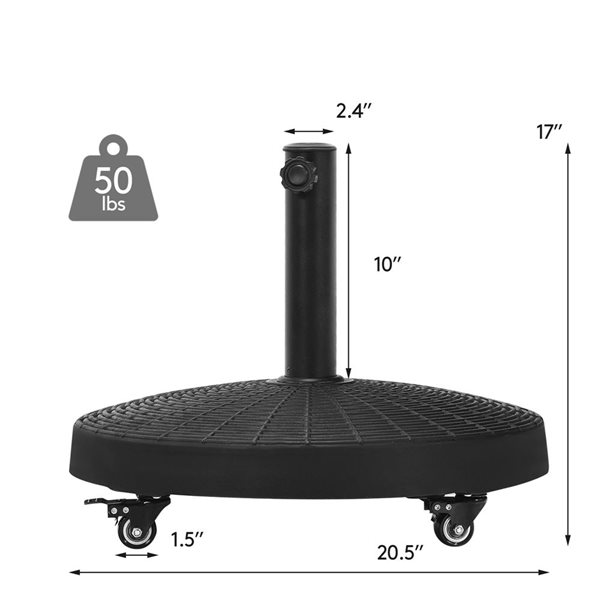 Costway 50-lb Round Black Resin Patio Umbrella Holding Base Stand with Lockable Wheels