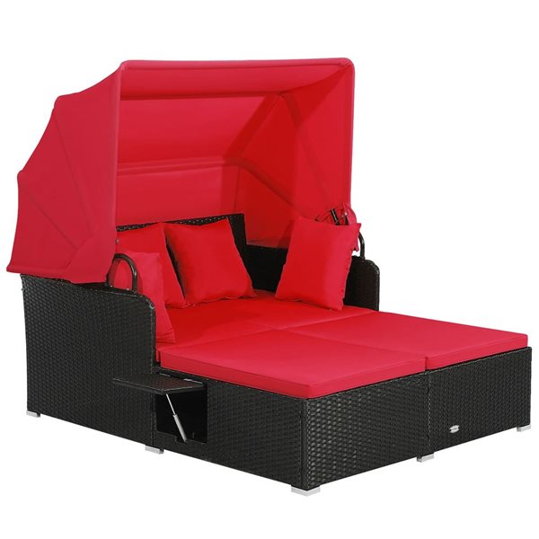 Costway Black Patio Rattan Daybed Lounge with Retractable Top Canopy and Side Tables - Red Cushions