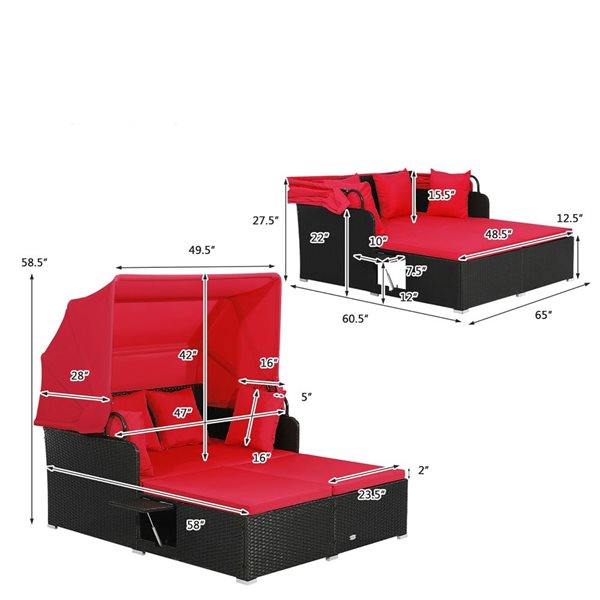 Costway Black Patio Rattan Daybed Lounge with Retractable Top Canopy and Side Tables - Red Cushions