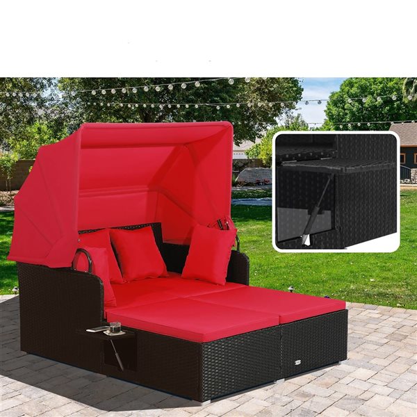 Costway Black Patio Rattan Daybed Lounge with Retractable Top Canopy and Side Tables - Red Cushions