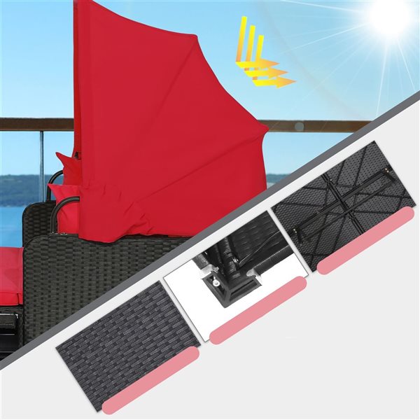 Costway Black Patio Rattan Daybed Lounge with Retractable Top Canopy and Side Tables - Red Cushions