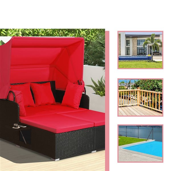 Costway Black Patio Rattan Daybed Lounge with Retractable Top Canopy and Side Tables - Red Cushions