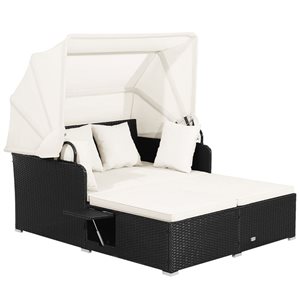 Costway Black Patio Rattan Daybed Lounge with Retractable Top Canopy and Side Tables - Off-White Cushions