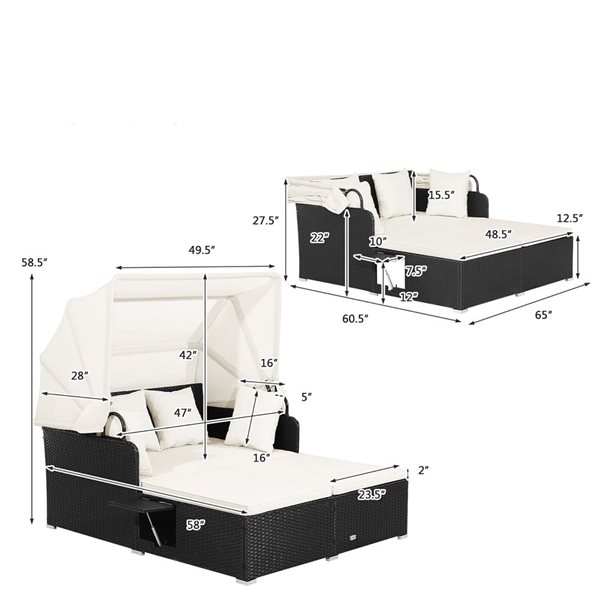 Costway Black Patio Rattan Daybed Lounge with Retractable Top Canopy and Side Tables - Off-White Cushions