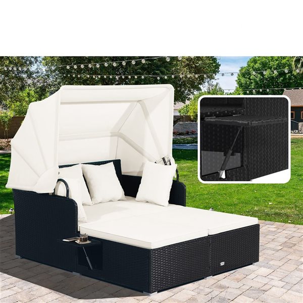 Costway Black Patio Rattan Daybed Lounge with Retractable Top Canopy and Side Tables - Off-White Cushions