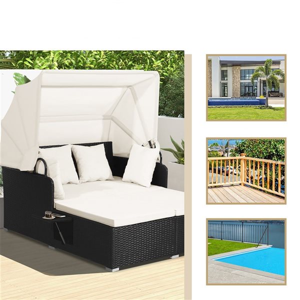 Costway Black Patio Rattan Daybed Lounge with Retractable Top Canopy and Side Tables - Off-White Cushions