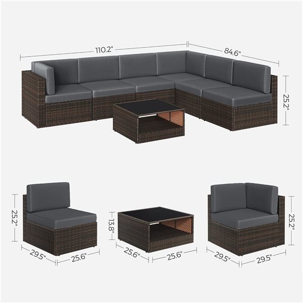 Boutique Home Rattan Patio Sectional Couch with Cushion and Glass Table - Black/Grey