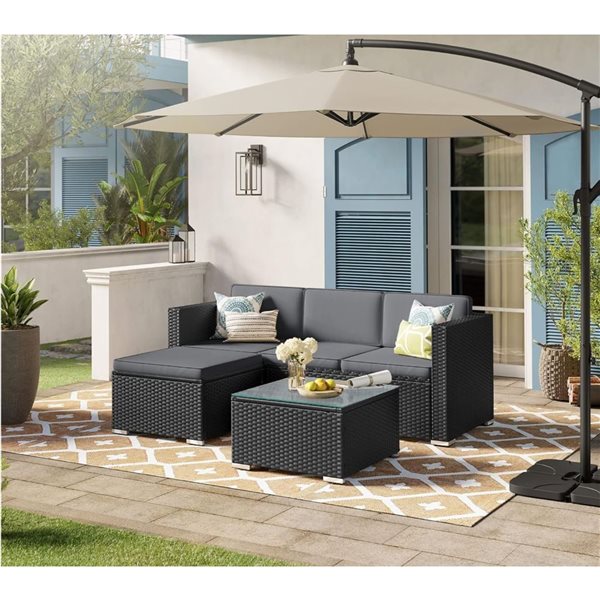 Boutique Home Rattan Patio Sectional Couch with Cushion and Glass Table - Black/Grey