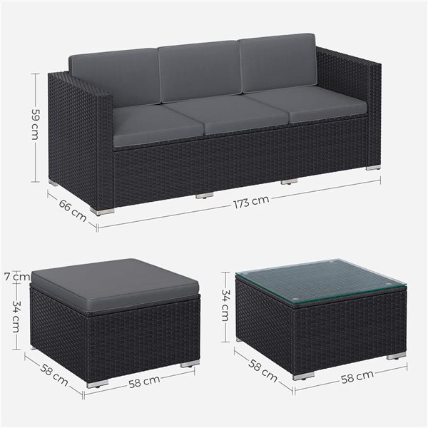 Boutique Home Rattan Patio Sectional Couch with Cushion and Glass Table - Black/Grey