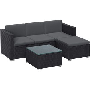 Canapé de jardin en rotin Boutique Home avec coussin et table en verre, noir/gris