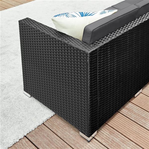 Boutique Home Rattan Patio Sectional Couch with Cushion and Glass Table - Black/Grey