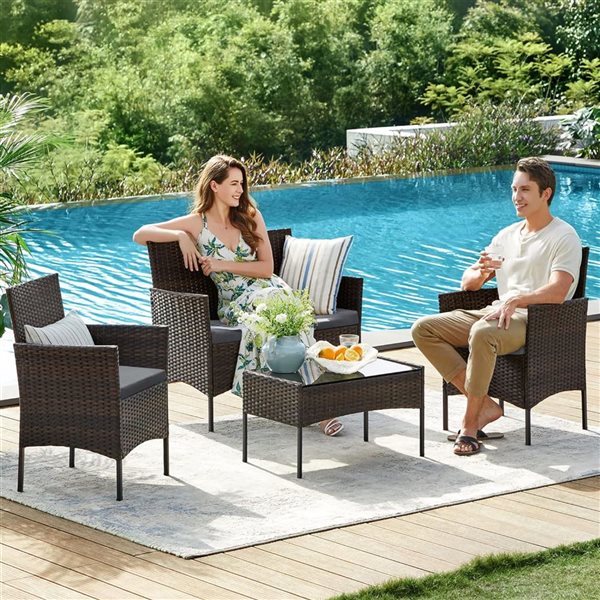 Boutique Home Outdoor Patio 4-Piece PE Rattan Conversation Set with Grey Pillows