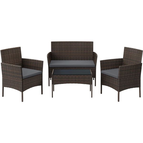 Boutique Home Outdoor Patio 4-Piece PE Rattan Conversation Set with Grey Pillows