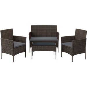 Boutique Home Outdoor Patio 4-Piece PE Rattan Conversation Set with Grey Pillows