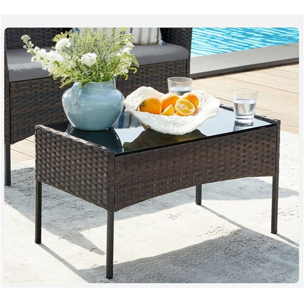 Boutique Home Outdoor Patio 4-Piece PE Rattan Conversation Set with Grey Pillows