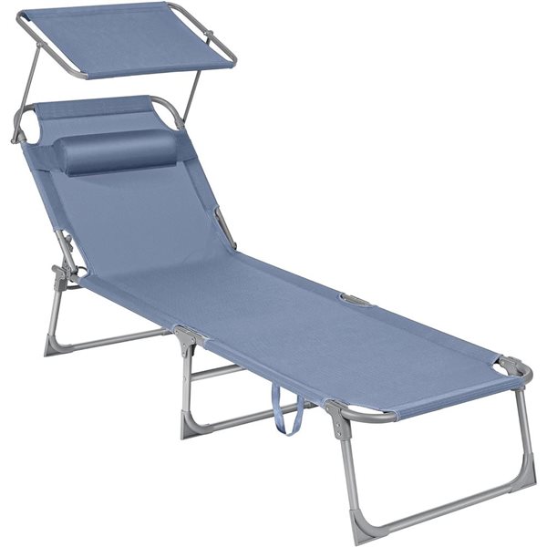 Boutique Home Blue Folding Sun Lounger Chair with Sunshade Headrest and Adjustable Backrest