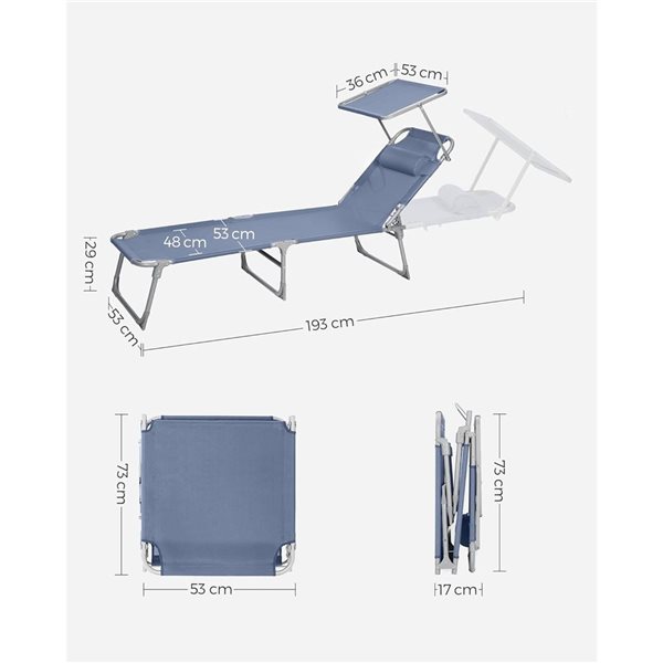 Boutique Home Blue Folding Sun Lounger Chair with Sunshade Headrest and Adjustable Backrest