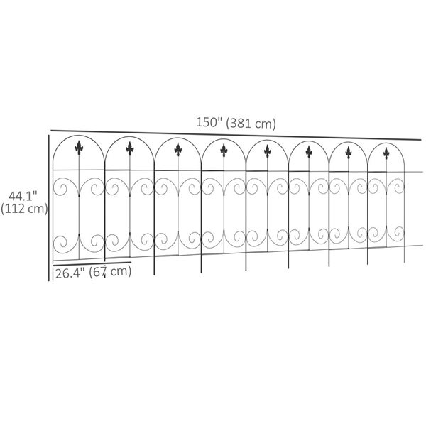 Clôture de jardin décorative Outsunny 8 panneaux en acier noir à motifs de spirales, 12,5 pi x 44,1 po h.