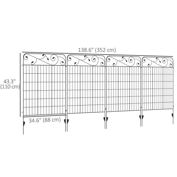 Outsunny 4-Panel Black Steel Square Vines Design Decorative Garden Fence - 11.5-ft x 43.3-in H