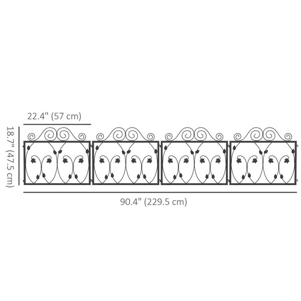 Outsunny 4-Panel Black Steel Swirl/Leaf Design Decorative Garden Fence - 90.4 L x 18.7-in H