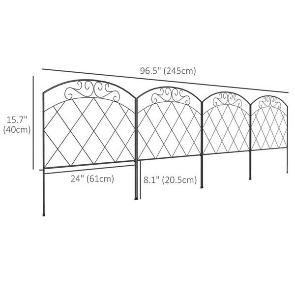 Outsunny 4-Panel Black Steel Decorative Garden Fence - 15.7-in H x 8-ft W