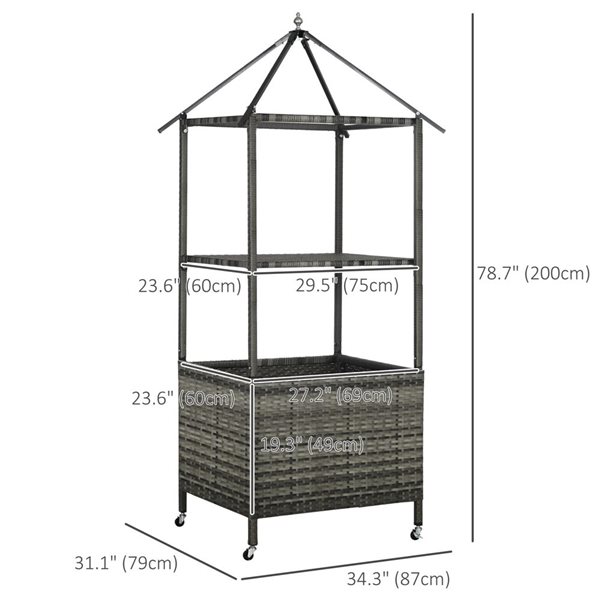 Porte-serviettes de piscine roulant Outsunny en osier polyéthylène gris 34 L. x 31 l. x 79 po h., avec auvent