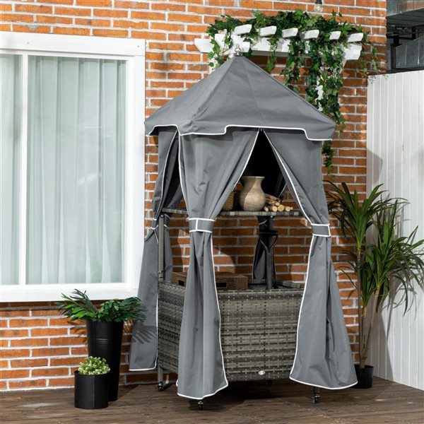 Porte-serviettes de piscine roulant Outsunny en osier polyéthylène gris 34 L. x 31 l. x 79 po h., avec auvent