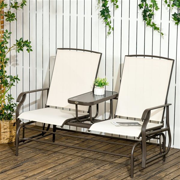Outsunny Beige Outdoor Glider Bench with Table for 2