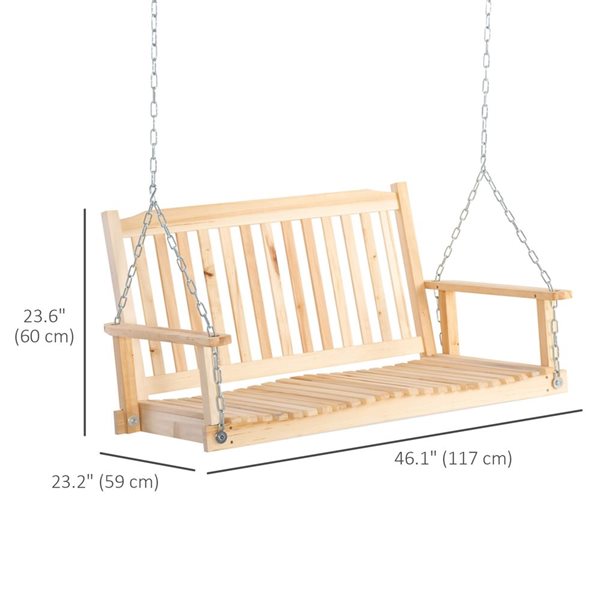 Balancelle de patio 2 personnes en bois naturel Outsunny avec chaînes de suspension