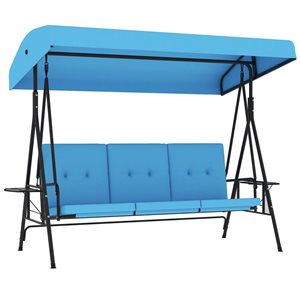Balançoire de patio Outsunny 3 places avec auvent réglable et plateau latéral, bleu
