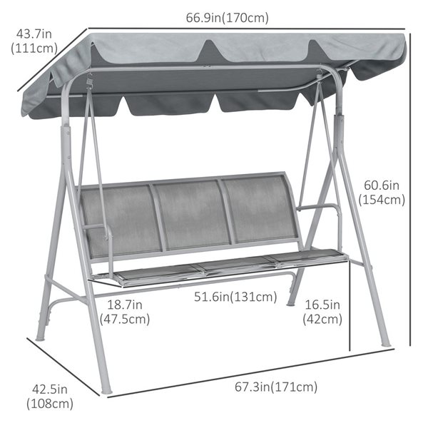 Outsunny 3-Seater Outdoor Swing Chair with Canopy - Grey
