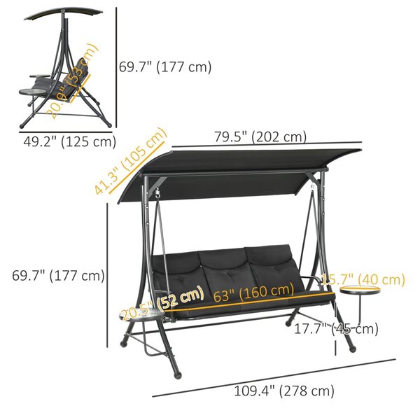 Outsunny Black 3-Seat Outdoor Swing Bench with Adjustable Canopy and Coffee Tables