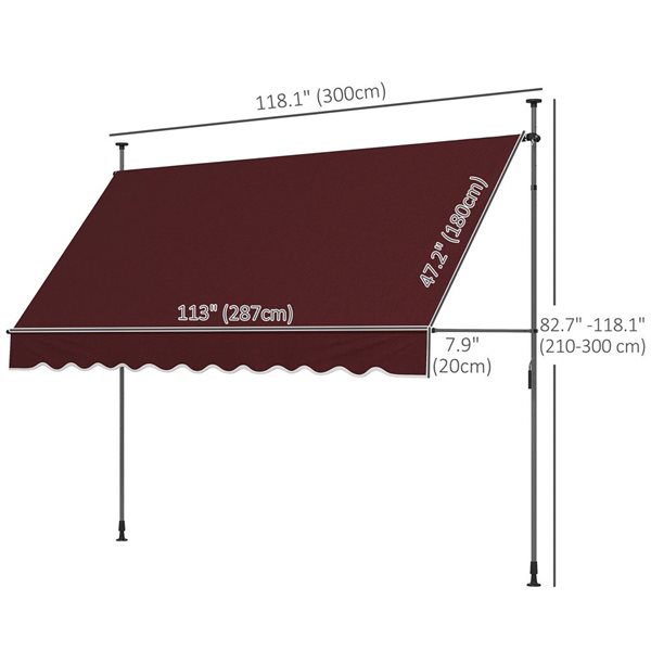 Outsunny 10 x 3-ft Red Wine Polyester Non-Screw Freestanding Patio Awning w/ Adjustable Poles