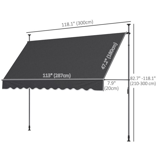 Outsunny 10 x 3-ft Dark Grey Polyester Non-Screw Freestanding Patio Awning w/ Adjustable Poles