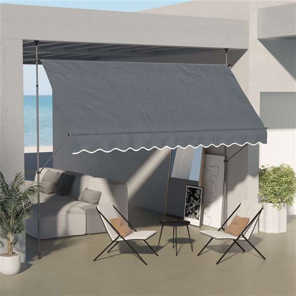 Outsunny 11.5 x 4-ft Grey Polyester Non-Screw Freestanding Patio Awning w/ Adjustable Poles