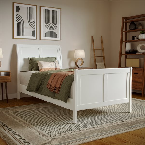 AFI Valencia White Twin XL Solid Wood Low Profile Sleigh Contemporary Platform Bed with Matching Footboard