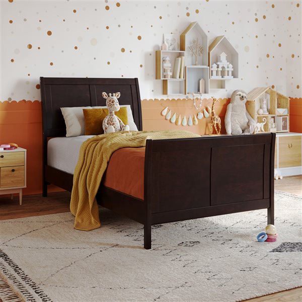 AFI Valencia Espresso Twin Solid Wood Low Profile Sleigh Contemporary Platform Bed with Matching Footboard