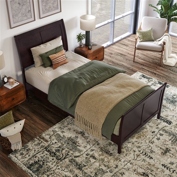 AFI Valencia Espresso Twin XL Solid Wood Low Profile Sleigh Contemporary Platform Bed with Matching Footboard