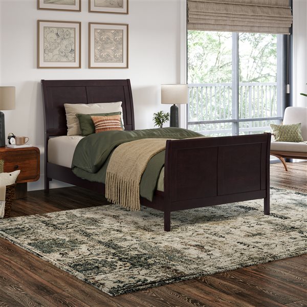 AFI Valencia Espresso Twin XL Solid Wood Low Profile Sleigh Contemporary Platform Bed with Matching Footboard