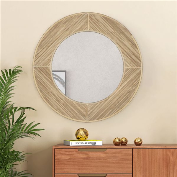 Miroir mural à cadre rond Elyas de Gild Design House 34 po diamètre en bois naturel/rotin