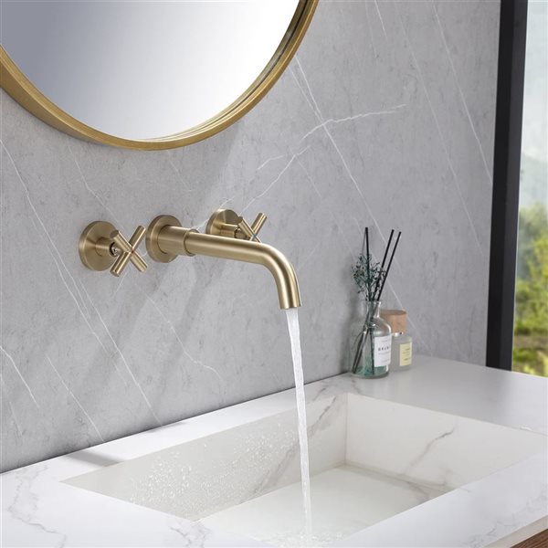 Flynama Brushed Gold Double Handle Wall Mounted Bathroom Faucet