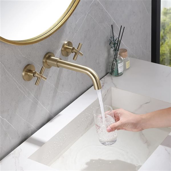 Flynama Brushed Gold Double Handle Wall Mounted Bathroom Faucet