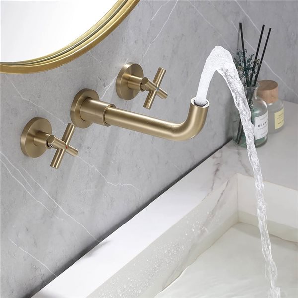 Flynama Brushed Gold Double Handle Wall Mounted Bathroom Faucet