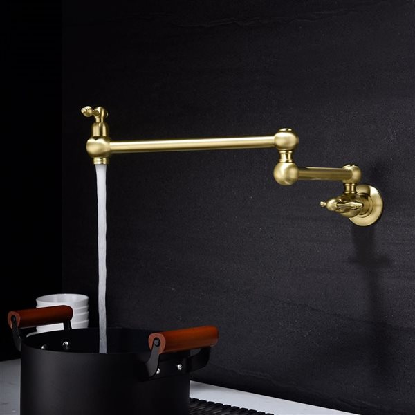 Flynama 2-Handle Brushed Gold Wall-Mount Pot Filler Kitchen Faucet